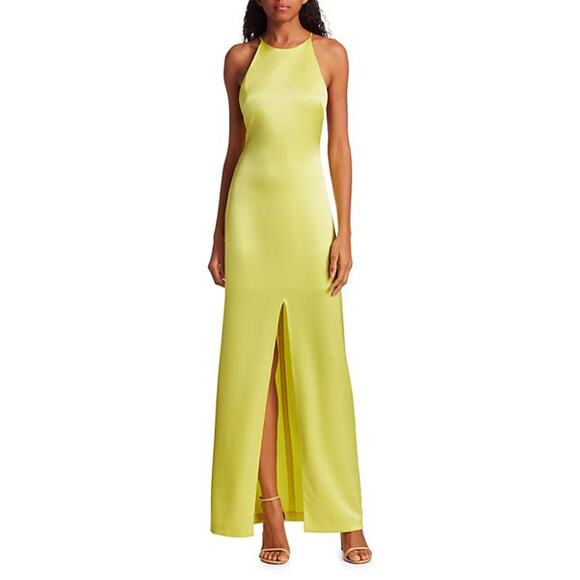 Alice & Olivia Ettley Halter Maxi Dress Yellow Lime Gown Front Slit Sz 8 - Picture 1 of 13